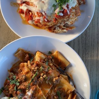 Pasta Moon - Lasagna (top) and Pappardelle Pancetta (bottom) - Italian Near Me - Half Moon Bay, California Pasta Moon - Lasagna (top) and Pappardelle Pancetta (bottom) - Italian Near Me - Half Moon Bay, California