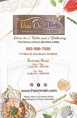 Menu photo 2 Thai On Main Seal Beach, CA