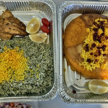 Sina Persian Cuisine - Salmon and Baghali Polo, Tahdig with Khoresht (Ghormeh Sabzi stew) - Persian/Iranian Near Me - Toronto, Ontario Sina Persian Cuisine - Salmon and Baghali Polo, Tahdig with Khoresht (Ghormeh Sabzi stew) - Persian/Iranian Near Me - Toronto, Ontario