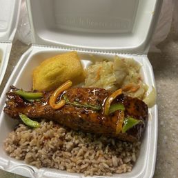 Sweet Chili Salmon with rice and peas, cabbage, and cornbread. Sweet Chili Salmon with rice and peas, cabbage, and cornbread.