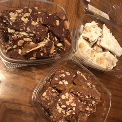 Mook and Pop's Culinary Delights - Top left: dark chocolate brickle with walnuts. Top right: tropical brickle M. Bottom: cheesy peanut butter brickle
