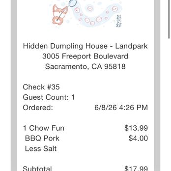 Hidden Dumpling House - Landpark - Receipt for Chong - Chinese Near Me - Sacramento, California