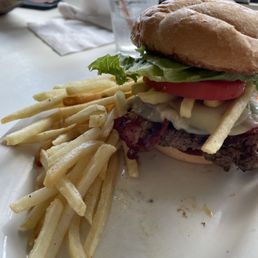 Bacon cheeseburger with provolone and fries Bacon cheeseburger with provolone and fries