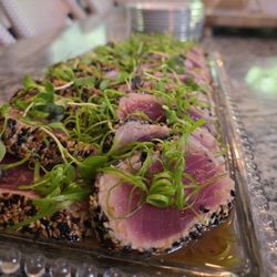 Chef Matts Culinary Creations - Seared Ahi Tuna: Sesame-crusted ahi tuna tataki garnished with fresh microgreens & scallions. Pure melt-in-your-mouth freshness!