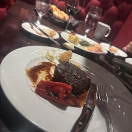 Filet Mignon. Shrimp scampi. Bread. Pinot Noir. Water.