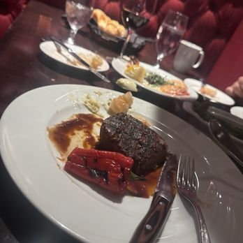 Juniper Steakhouse - Filet Mignon. Shrimp scampi. Bread. Pinot Noir. Water. - Steakhouses Near Me - Bernalillo, New Mexico