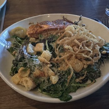 Eureka! - Blackened Salmon Kale Caesar (with some of the fried onions I stole from my wife lol) - Burgers Near Me - Ontario, California Eureka! - Blackened Salmon Kale Caesar (with some of the fried onions I stole from my wife lol) - Burgers Near Me - Ontario, California