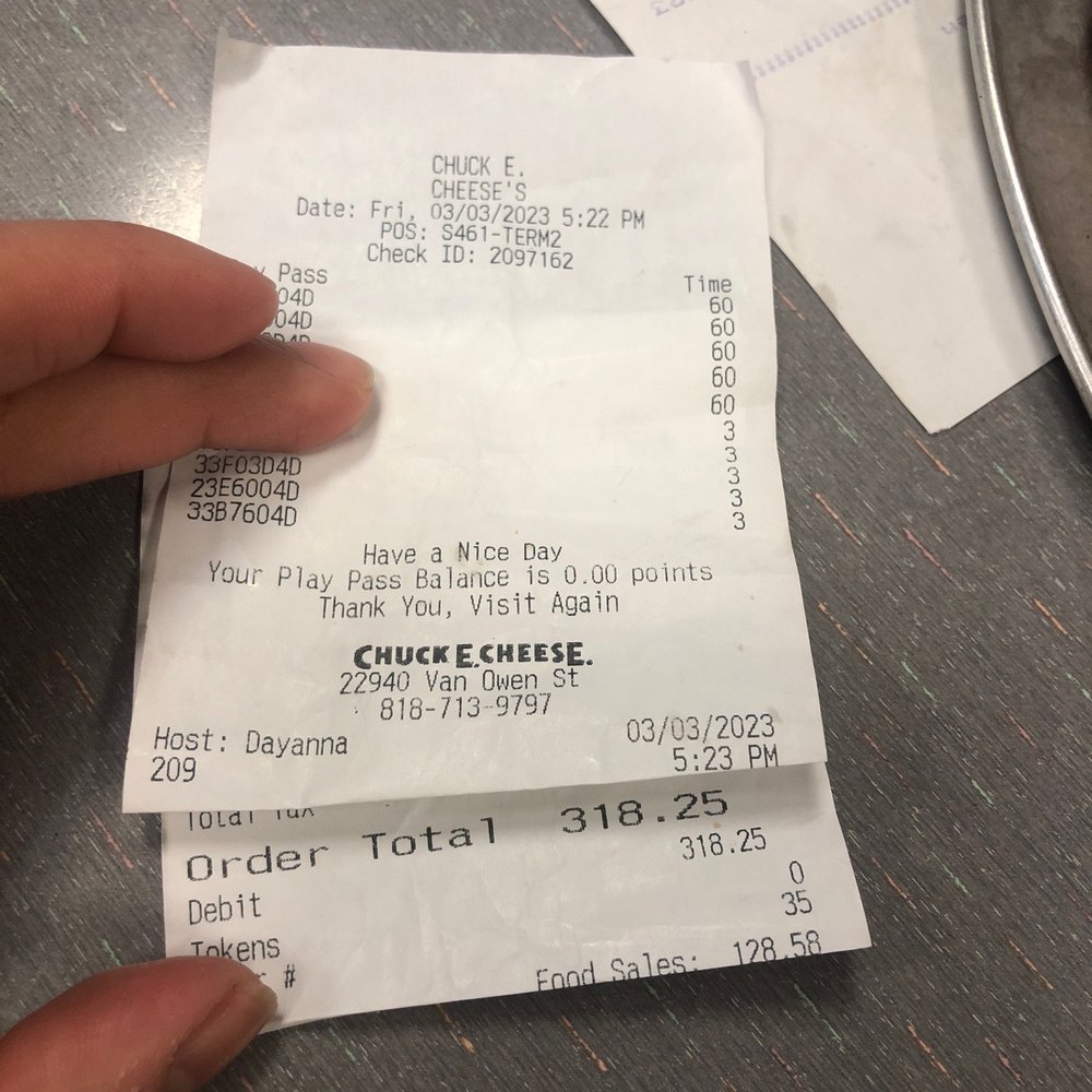 Chuck E. Cheese - Receipt - Pizza Near Me - West Hills, California