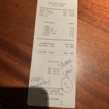 Charleston's - Here's my receipt, the halibut was a bit pricy, but deletions! - American Near Me - Oklahoma City, Oklahoma Charleston's - Here's my receipt, the halibut was a bit pricy, but deletions! - American Near Me - Oklahoma City, Oklahoma