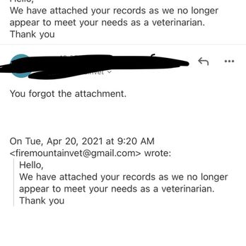 Fire Mountain Veterinary Hospital - After I wrote my initial review on my experiences, they sent this email. - Pet Groomers Near Me - Oceanside, California Fire Mountain Veterinary Hospital - After I wrote my initial review on my experiences, they sent this email. - Pet Groomers Near Me - Oceanside, California