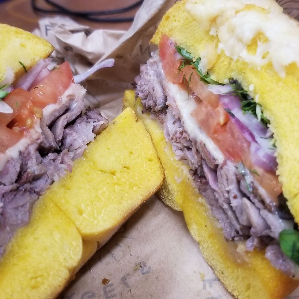 Fin's Bagels - Kiawe smoked brisket (tomato, red onion, local sprouts swiss cheese and chimichurri butter) $16.95 but so worth it!!!! - Bagels Near Me - Honolulu, Hawaii Fin's Bagels - Kiawe smoked brisket (tomato, red onion, local sprouts swiss cheese and chimichurri butter) $16.95 but so worth it!!!! - Bagels Near Me - Honolulu, Hawaii
