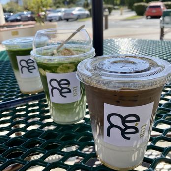 Ceré Tea - Left to right: Osmanthus matcha latte (wrong drink), banana pudding matcha einspänner, osmanthus hojicha latte (correct drink) - Bubble Tea Near Me - Milpitas, California Ceré Tea - Left to right: Osmanthus matcha latte (wrong drink), banana pudding matcha einspänner, osmanthus hojicha latte (correct drink) - Bubble Tea Near Me - Milpitas, California