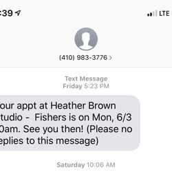 Heather Brown Face and Body Studio - One of two confirmations for a fake appointment- closed on Monday's.