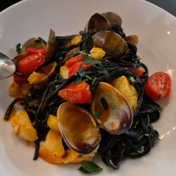 Doppio Zero Mountain View - Squid ink pasta with scallop and clams - Pizza Near Me - Mountain View, California Doppio Zero Mountain View - Squid ink pasta with scallop and clams - Pizza Near Me - Mountain View, California