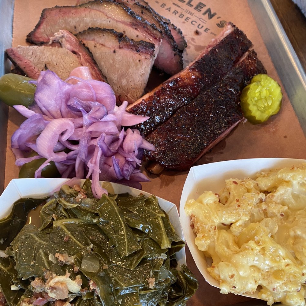 Killen's Barbecue - Two Meat Plate. Brisket, ribs, macaroni, and collard greens - Barbeque Near Me - Shenandoah, Texas Killen's Barbecue - Two Meat Plate. Brisket, ribs, macaroni, and collard greens - Barbeque Near Me - Shenandoah, Texas