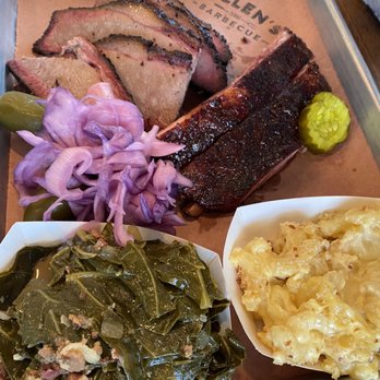 Killen's Barbecue - Two Meat Plate. Brisket, ribs, macaroni, and collard greens - Barbeque Near Me - Shenandoah, Texas Killen's Barbecue - Two Meat Plate. Brisket, ribs, macaroni, and collard greens - Barbeque Near Me - Shenandoah, Texas