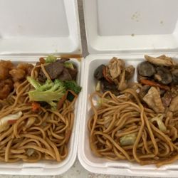 Great Wall Express - 3 item dish, orange chicken, broccoli beef with chow mein and 2 item with mushroom chicken with chow mein