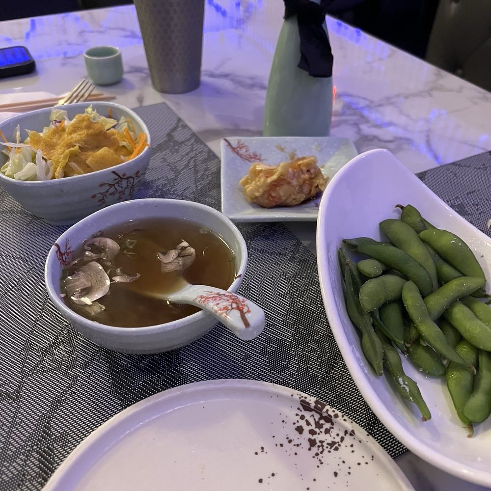 Sake edamame soup and salad Sake edamame soup and salad