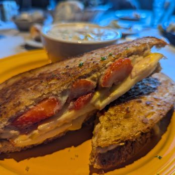 Food For Thought - Grilled cheese with brie, strawberries, apple slices and a hint of mustard. The cream crab of soup delicious. - American Near Me - Williamsburg, Virginia Food For Thought - Grilled cheese with brie, strawberries, apple slices and a hint of mustard. The cream crab of soup delicious. - American Near Me - Williamsburg, Virginia