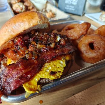 Moo'd Burger Bar - Hangover burger with rings - Burgers Near Me - Rochester, New York Moo'd Burger Bar - Hangover burger with rings - Burgers Near Me - Rochester, New York