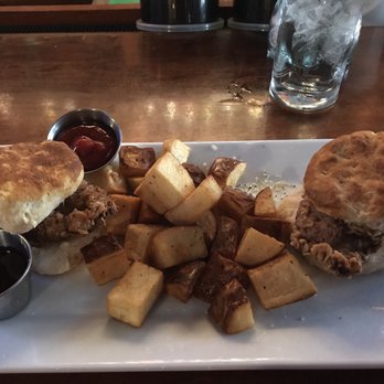 The Fork n Cork - Chicken slider biscuits with an awesome maple cayenne syrup + home fries - New American Near Me - Wilmington, North Carolina The Fork n Cork - Chicken slider biscuits with an awesome maple cayenne syrup + home fries - New American Near Me - Wilmington, North Carolina
