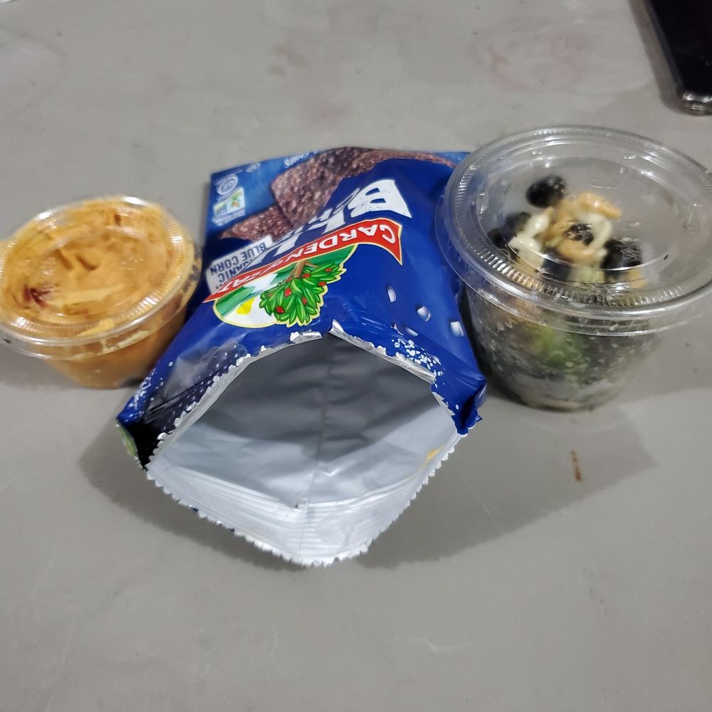 The pasta salad, chips and hummus, for 15 dollars. The pasta salad, chips and hummus, for 15 dollars.