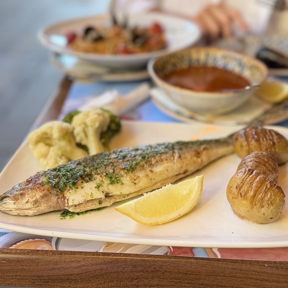 Ancora 7, - Grilled whole sea bass with veggies and bread, tomato soup - Food Near Me - Barcelona, B Ancora 7, - Grilled whole sea bass with veggies and bread, tomato soup - Food Near Me - Barcelona, B