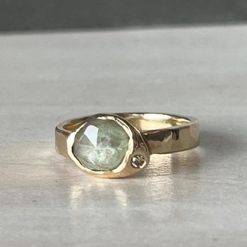 Fail Jewelry - Ethically mined and cut Montana Sapphire accented with a champagne diamond on this custom 14K gold ring - Accessories Near Me - Austin, Texas Fail Jewelry - Ethically mined and cut Montana Sapphire accented with a champagne diamond on this custom 14K gold ring - Accessories Near Me - Austin, Texas