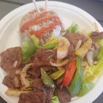 TNK Vegan Cafe - Mongolian beef with added Siracha and soy sauce - Vegan Near Me - Modesto, California TNK Vegan Cafe - Mongolian beef with added Siracha and soy sauce - Vegan Near Me - Modesto, California