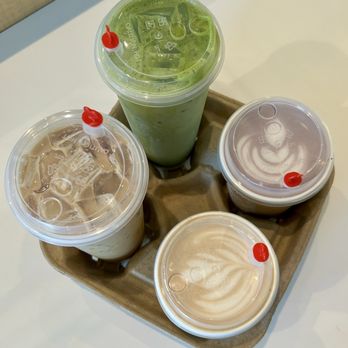 Coffee & Water Lab - left - iced toasted caramel latte, matcha latte, hot ube latte, bottom - hot honey sea salt latte - Coffee & Tea Near Me - San Jose, California Coffee & Water Lab - left - iced toasted caramel latte, matcha latte, hot ube latte, bottom - hot honey sea salt latte - Coffee & Tea Near Me - San Jose, California