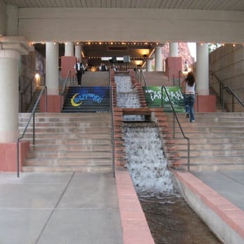 Tuacahn Amphitheatre - The waterfalls along the stairs to the plaza.   The water does not run during the day when there's no show. - Performing Arts Near Me - Ivins, Utah