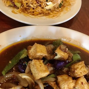 Thai Kitchen Restaurant - Tofu eggplant front and shrimp pad Thai at the back - Thai Near Me - Pocatello, Idaho Thai Kitchen Restaurant - Tofu eggplant front and shrimp pad Thai at the back - Thai Near Me - Pocatello, Idaho