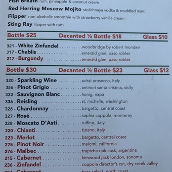 The Dead Fish - Partial drink list...no corkage if you bring in your own wine. - Seafood Near Me - Crockett, California