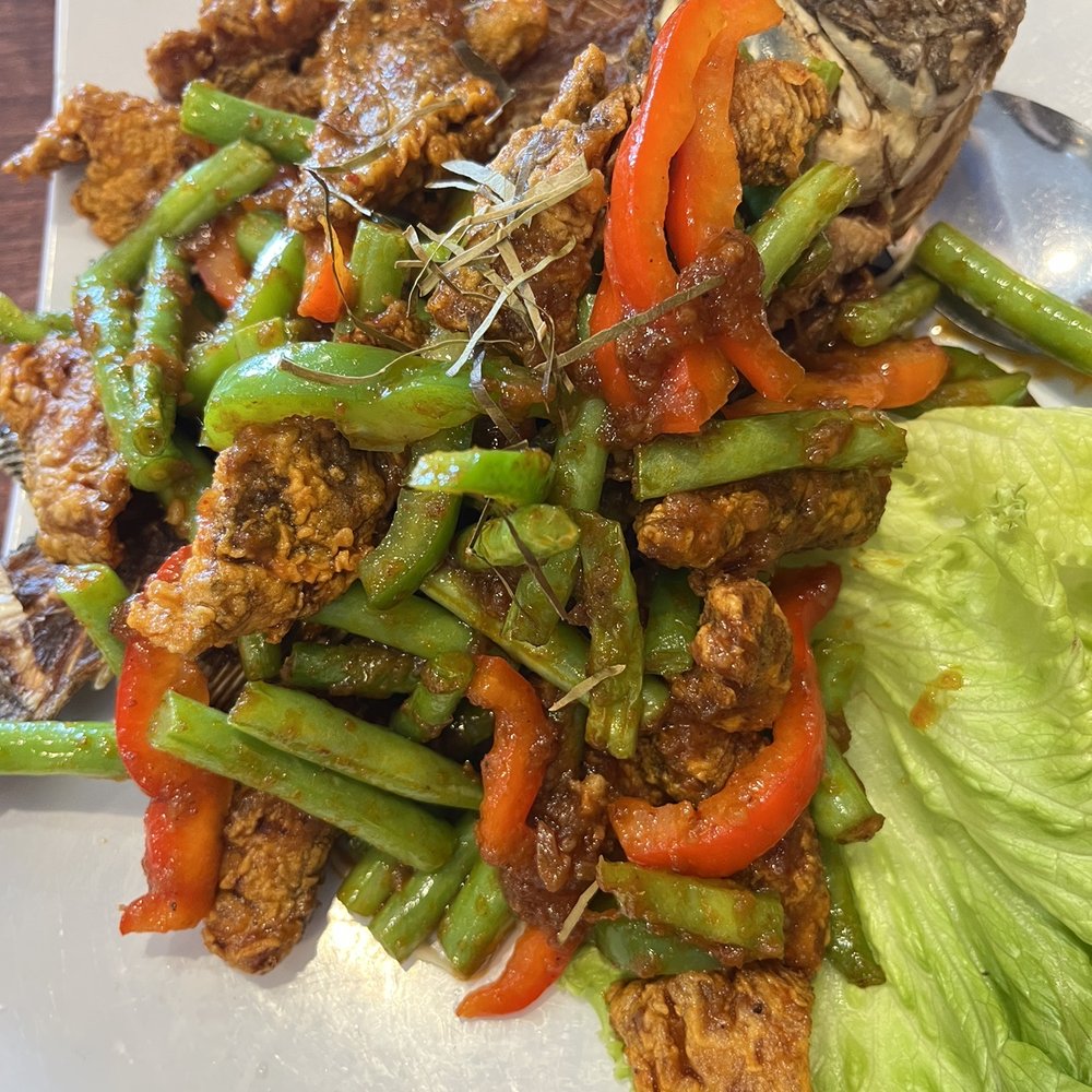 Baan Thai Cuisine - Spicy string bean with tilapia (pad prik king with tilapia). - Thai Near Me - Humble, Texas