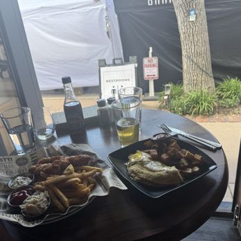 Max Gill and Grill - Fish and chips (a little overcooked but perfect crust) and crawfish omelette. - Seafood Near Me - Denver, Colorado