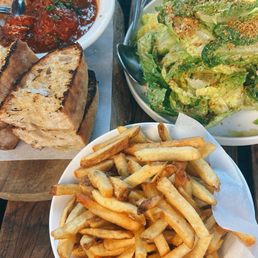 Top Left: Meatballs (feeds 2-3) Top Right: Caesar Salad (feeds 2-3) Bottom: Beef Tallow Fries Top Left: Meatballs (feeds 2-3) Top Right: Caesar Salad (feeds 2-3) Bottom: Beef Tallow Fries