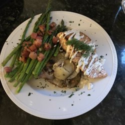 The Moonlight Chef - Seared salmon with lemon/dill cream sauce, asparagus tips with lardons, and scalloped potatoes.