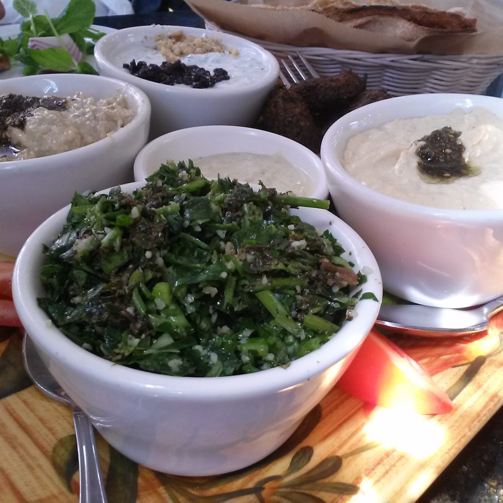 Shamshiri Grill - Combination Appetizer Platter (clockwise): mast-o'khiar, falefel, hummus, tabuli, baba ganoush. - Middle Eastern Near Me - Los Angeles, California Shamshiri Grill - Combination Appetizer Platter (clockwise): mast-o'khiar, falefel, hummus, tabuli, baba ganoush. - Middle Eastern Near Me - Los Angeles, California