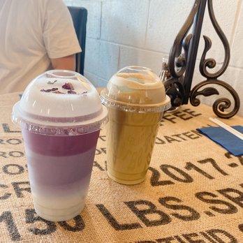 Column 15 - Left: Nitro tea with lavender, rose, and vanilla bean syrup Right: Dirty matcha latte - Coffee & Tea Near Me - Williamsburg, Virginia Column 15 - Left: Nitro tea with lavender, rose, and vanilla bean syrup Right: Dirty matcha latte - Coffee & Tea Near Me - Williamsburg, Virginia