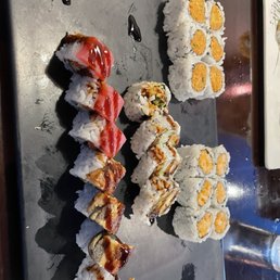 Top to bottom: spicy shrimp tempura, spicy salmon, shrimp tempura, shrimp topped with salmon, and shrimp with eel.