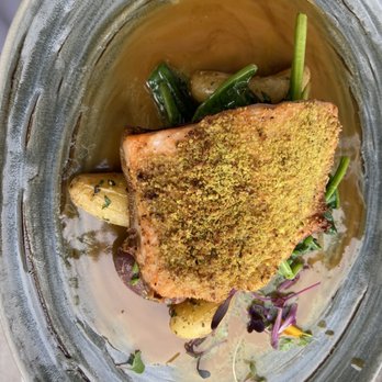 Poseidon on the Beach - Pistachio-crusted Loch Etive Salmon - Seafood Near Me - Del Mar, California Poseidon on the Beach - Pistachio-crusted Loch Etive Salmon - Seafood Near Me - Del Mar, California