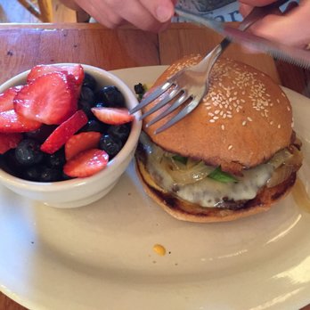 Cafe Homestead - my husband about to eat his delicious sriracha burger with fruit - American Near Me - Waco, Texas Cafe Homestead - my husband about to eat his delicious sriracha burger with fruit - American Near Me - Waco, Texas