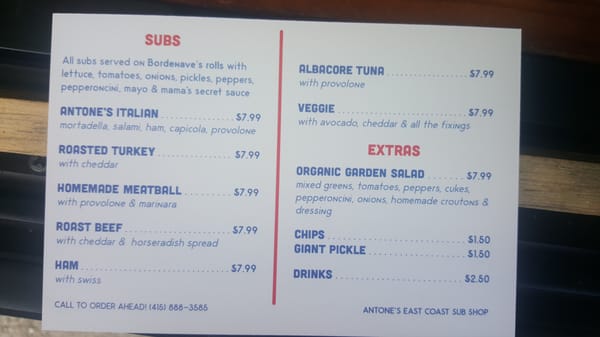 Menu photo 2 Antone's East Coast Sub Shop Mill Valley, CA Menu photo 2 Antone's East Coast Sub Shop Mill Valley, CA