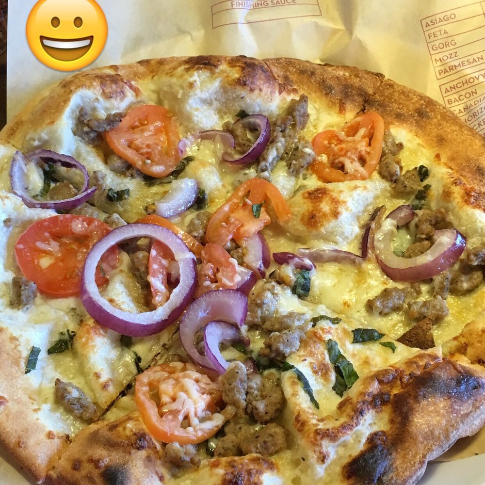 MOD Pizza - Dominic pizza - white sauce, basil, mild sausage, onions, and tomatoes - Pizza Near Me - Columbia, Maryland