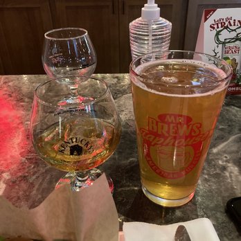 Mr Brews Taphouse - Spotted Cow on draft shot of whiskey - American Near Me - Menomonee Falls, Wisconsin
