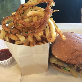 Burger Lounge - Lounge burger with a side of half fries half onion rings. I love that everything they serve is organic. - Burgers Near Me - Temecula, California Burger Lounge - Lounge burger with a side of half fries half onion rings. I love that everything they serve is organic. - Burgers Near Me - Temecula, California
