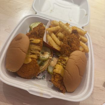 Dave's Hot Chicken - 2 sliders (lite mild) and fries - Chicken Shop Near Me - Fairfax, Virginia Dave's Hot Chicken - 2 sliders (lite mild) and fries - Chicken Shop Near Me - Fairfax, Virginia