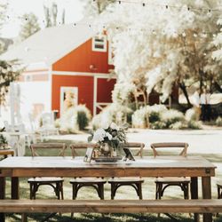 Home Sweet Home Event Rentals - Farm table, bistro chairs and farm bench