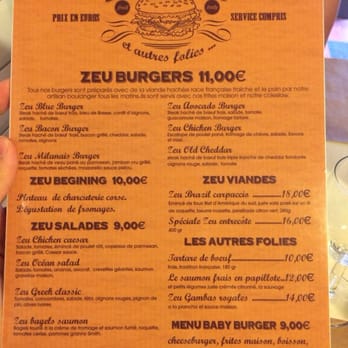 Zeu Burgers - Menu (front) as of June 2014 - Burgers Near Me - Aubagne, 13 Zeu Burgers - Menu (front) as of June 2014 - Burgers Near Me - Aubagne, 13