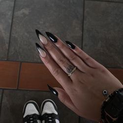 Littleton Happy Nails and Lash - Black stiletto nails with French tip accents
